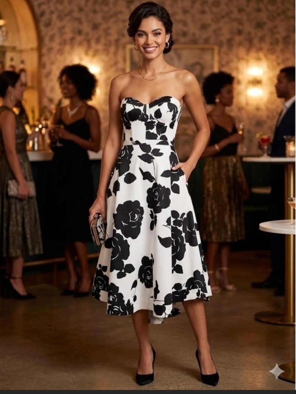 Nwt Size 10 Amsale Black and White Rose-Print Strapless Midi Dress